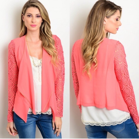 Coral cardigan jacket with pockets. Sheer chiffon. - Picture 3 of 5